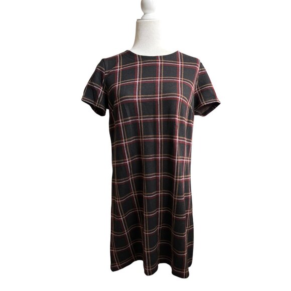 Loft Outlet Plaid Shift Mini Dress Medium (Black, Maroon, Tan, White) Fall - Picture 2 of 5
